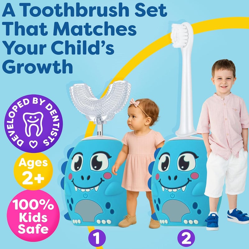 Trueocity Kids U Shape Toothbrush Auto Electric Toddler Rechargeable Kids Automatic Toothbrush | 360° U-Shaped Silicone Brush Head | Gentle Cleaning for Ages 2–7| Dinosaur Design (Blue) - Image 2